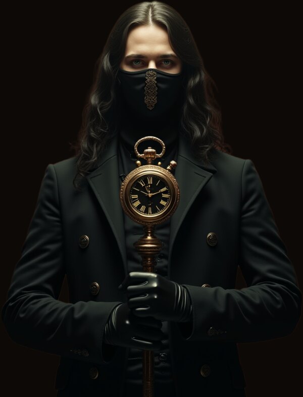 The Theatre Keeper: long dark coat, masked, both gloved hands resting on a cane topped with a gold pocket watch.
